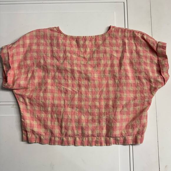 Lou & Grey Pink Cream Plaid 100% Linen Blouse Crop Top Size S - Picture 5 of 5